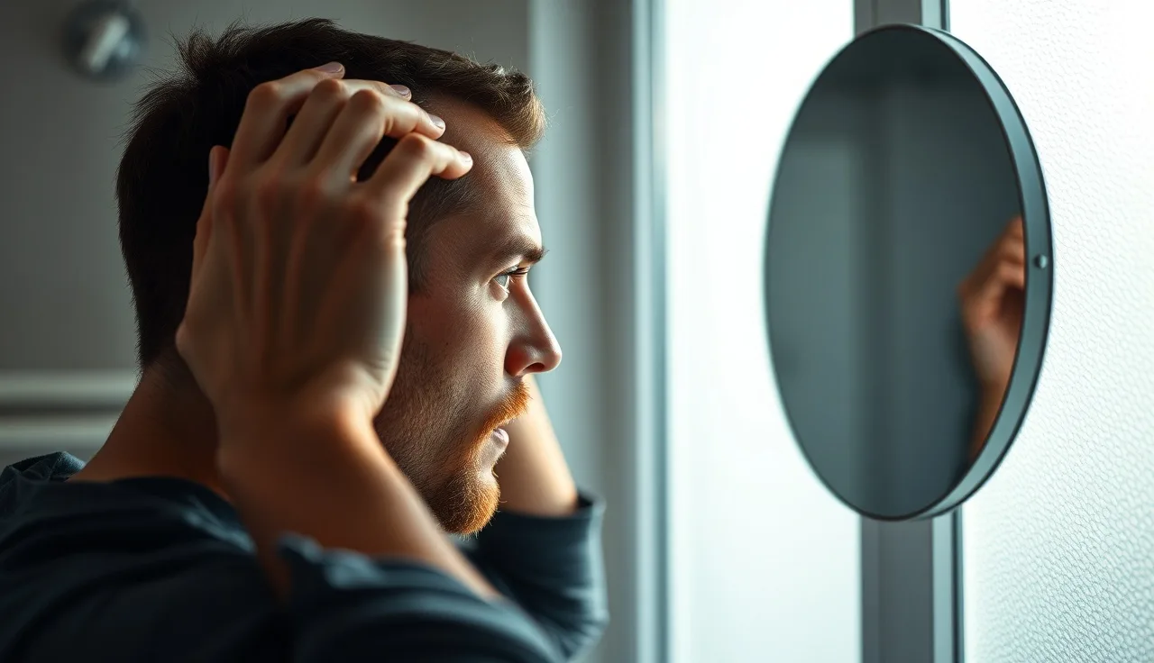 Man touching irritated scalp in bathroom mirror, morning light