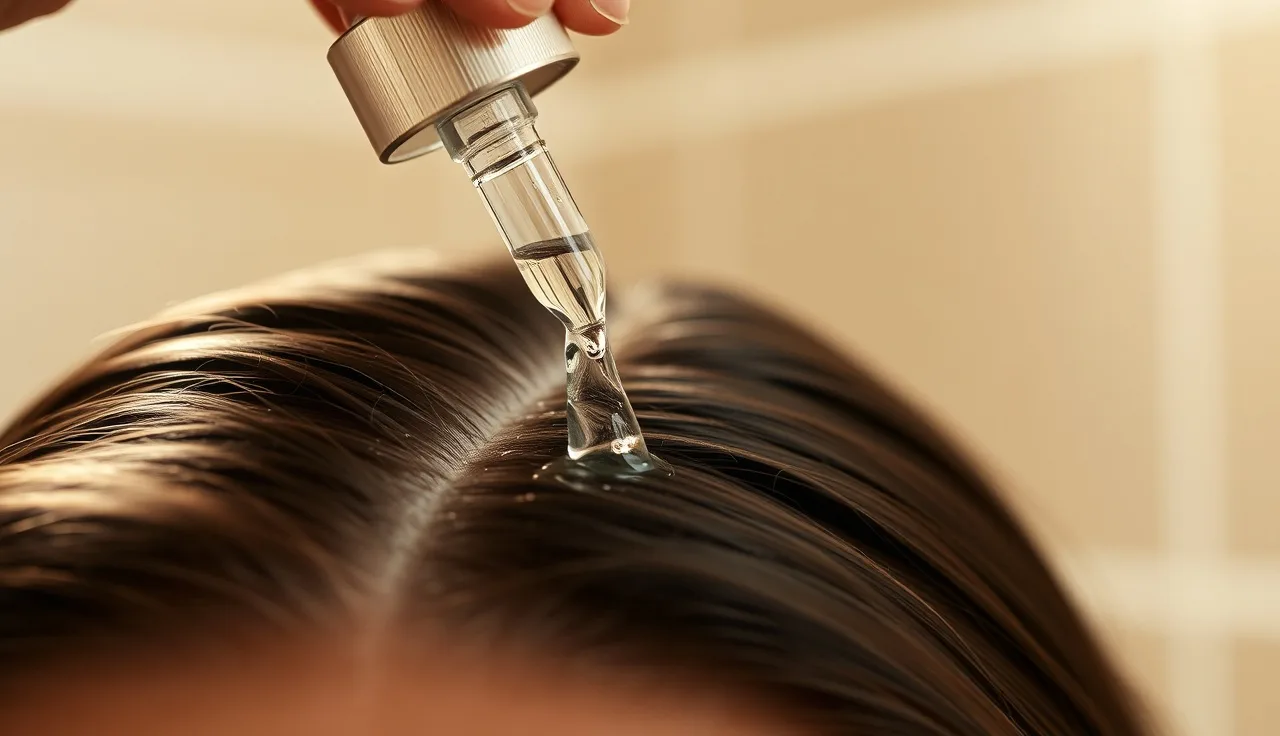 Dropper bottle applying minoxidil serum to a parted scalp in bathroom light
