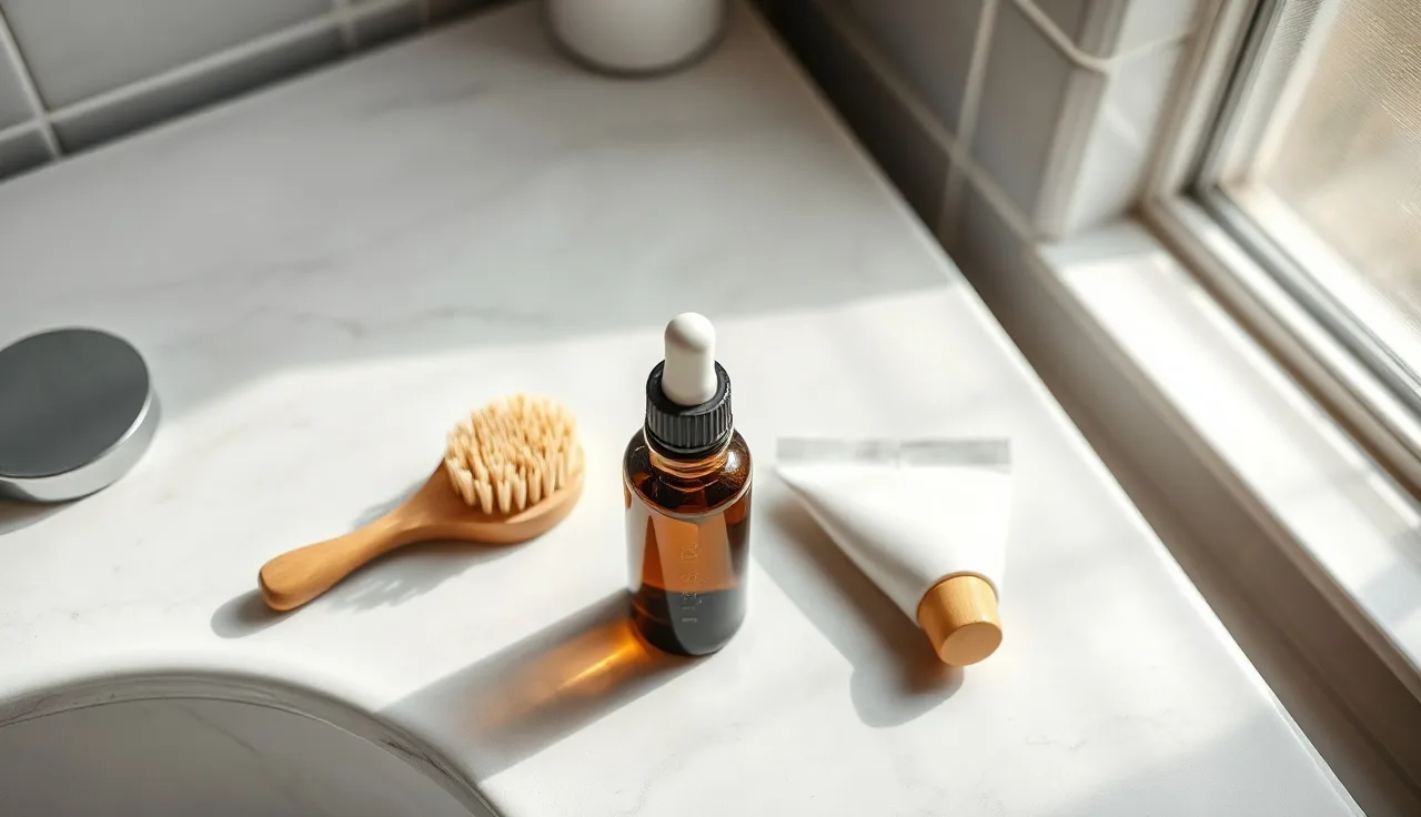 Topical minoxidil products on a bathroom countertop in morning light