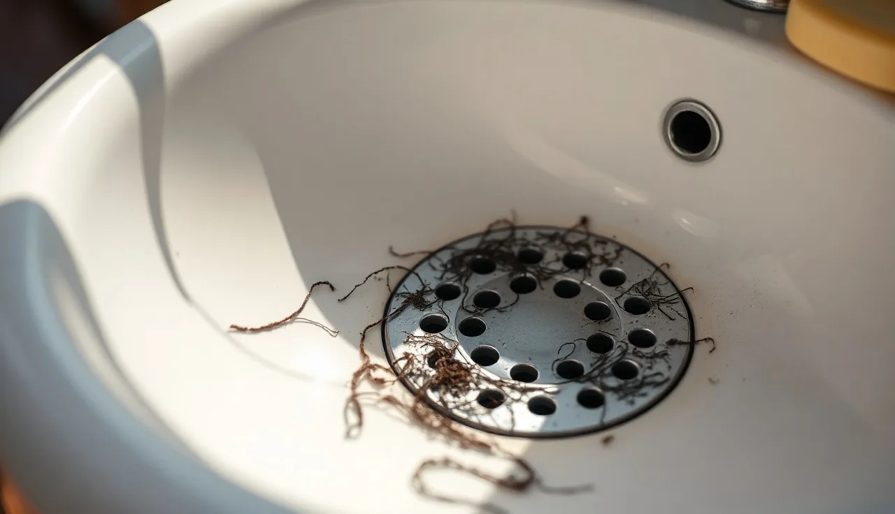 Hair strands collected around a white bathroom sink drain after minoxidil shedding