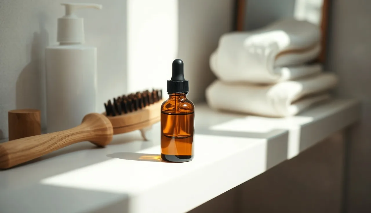 Amber dropper bottle and hairbrush on bathroom shelf illustrating minoxidil side effects topic