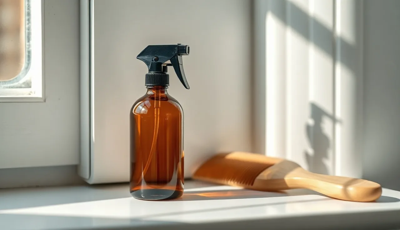 Amber minoxidil spray bottle on bathroom shelf with wooden comb in morning light