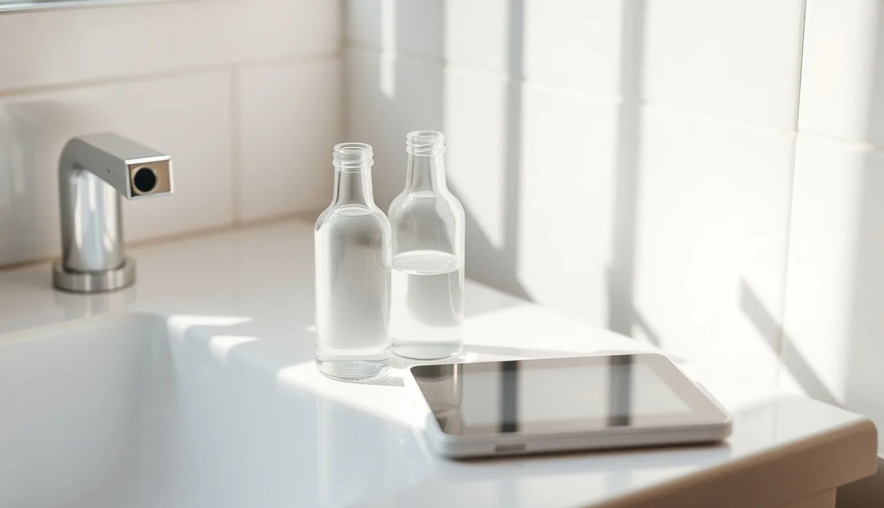 Two clear bottles and one white tablet on a bathroom counter comparing minoxidil forms