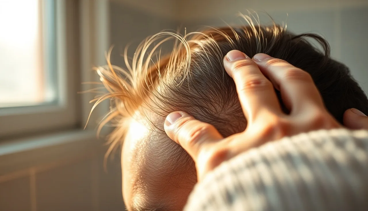 Fingers massaging a scalp with visible minoxidil flake buildup under warm light