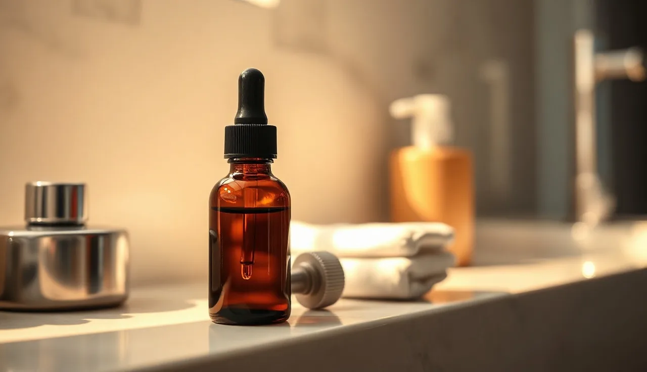 Minoxidil dropper bottle and foam applicator on a bathroom shelf in morning light