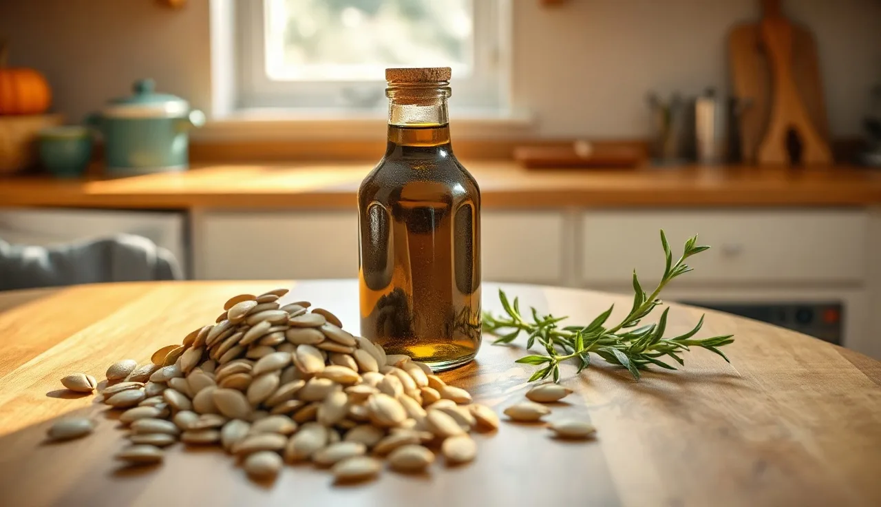 Pumpkin seed oil jar and rosemary sprig on a wooden kitchen counter, natural DHT blocker ingredients