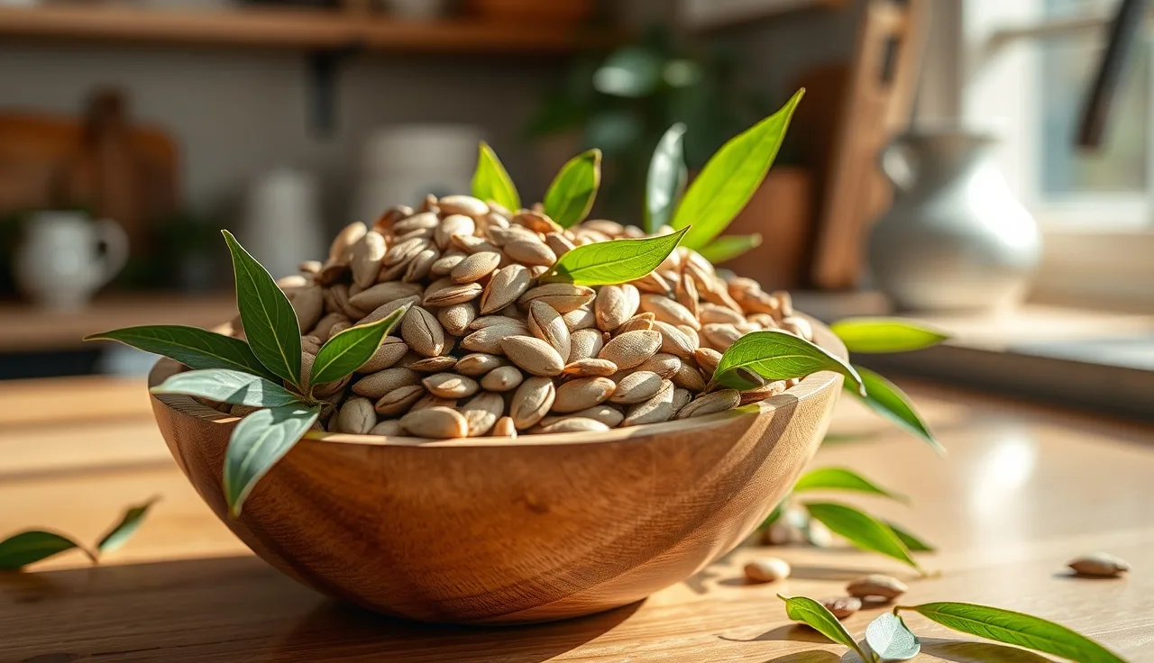 Natural DHT-blocking ingredients including pumpkin seeds and saw palmetto berries on a wooden bowl