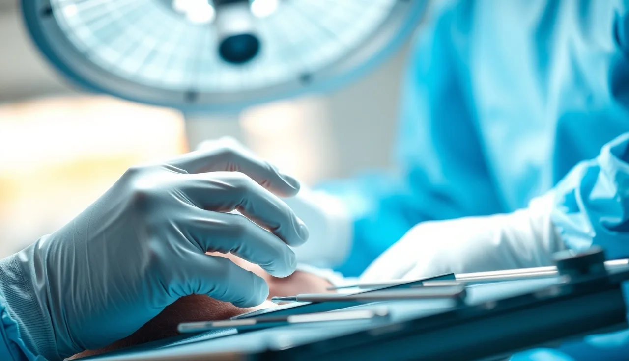 Surgeon's gloved hands performing a hair transplant procedure under operating room light