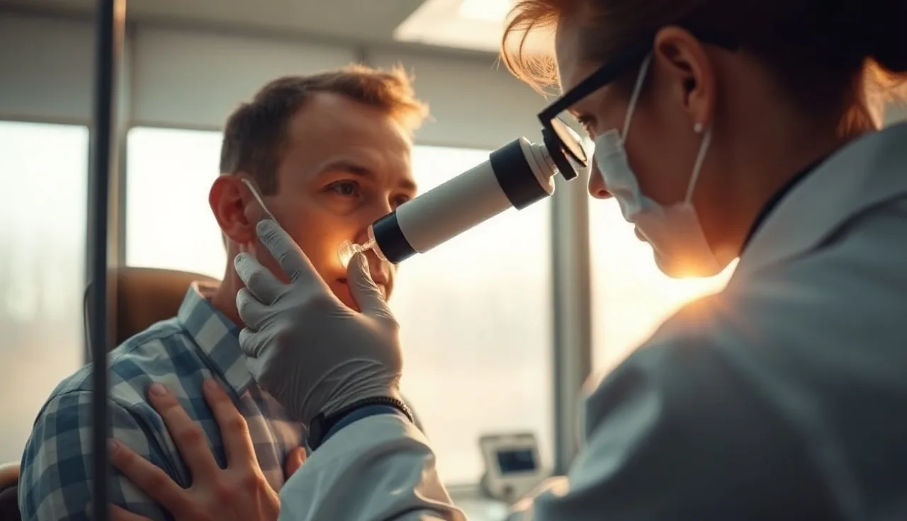 Dermatologist using a dermoscope to examine a patient's scalp for alopecia