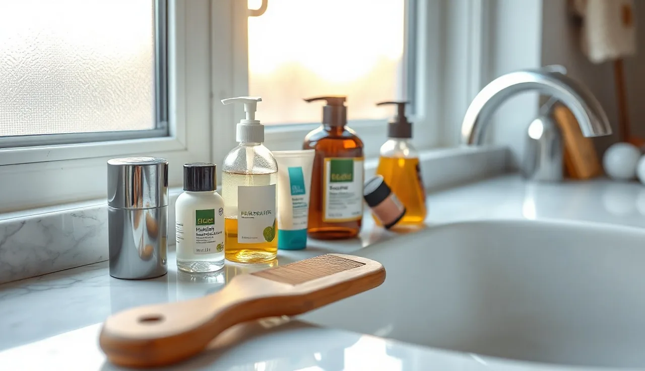 Haircare bottles and comb on marble counter, soft morning bathroom light