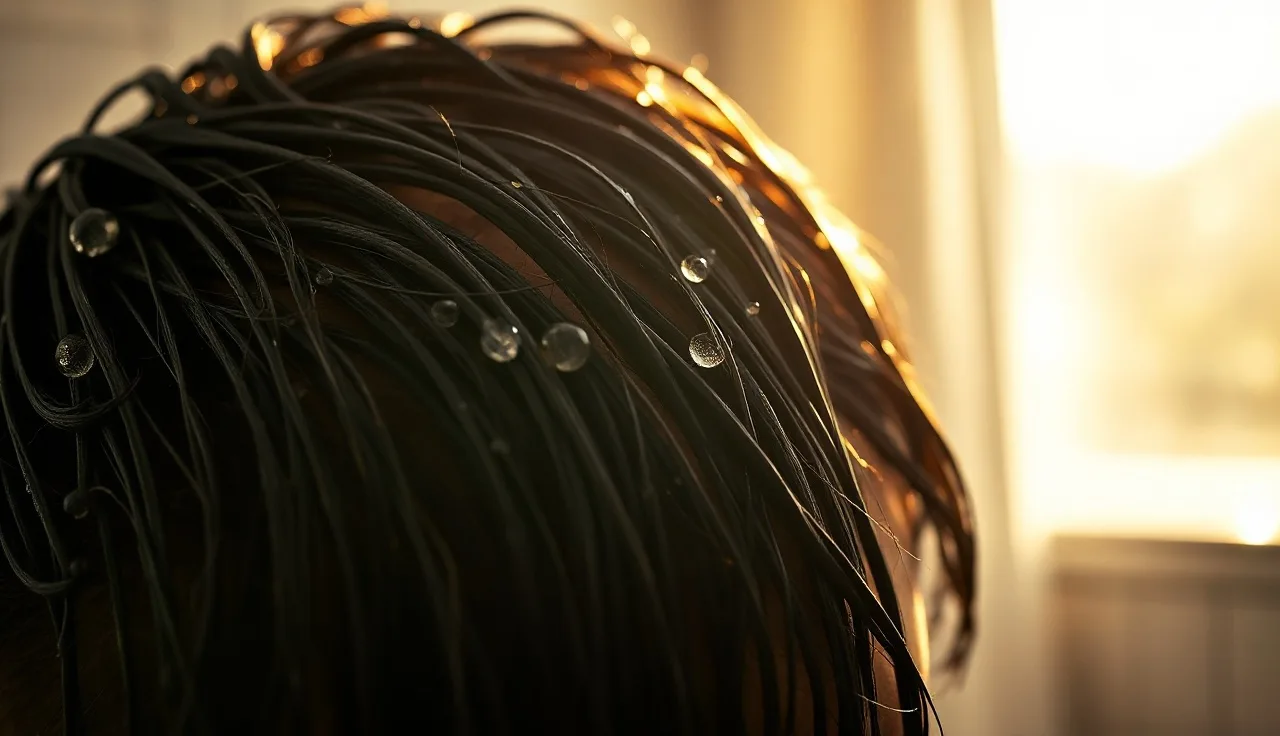 Man with wet hair in bathroom light, examining scalp for hair thinning