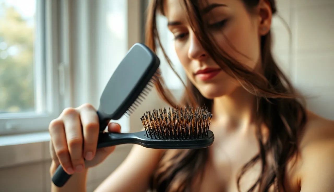 Woman holding a hairbrush with shed hairs in soft bathroom light