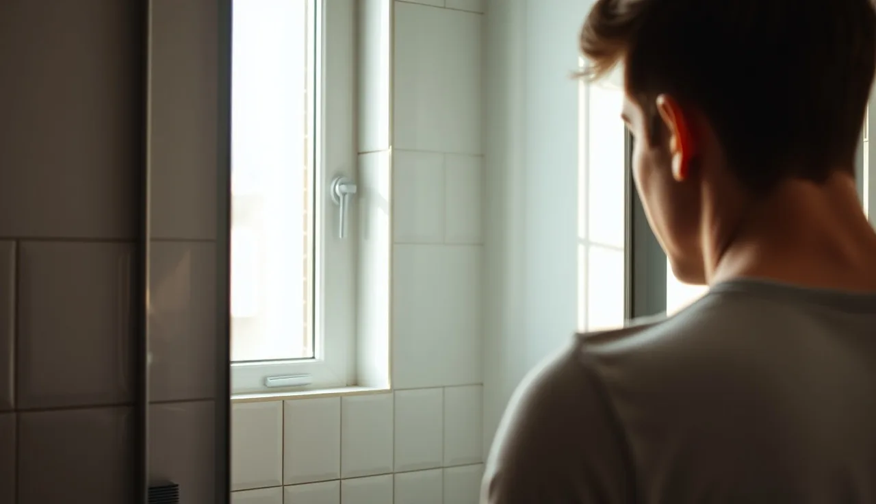 Young man examining his hairline in a bathroom mirror under natural morning light