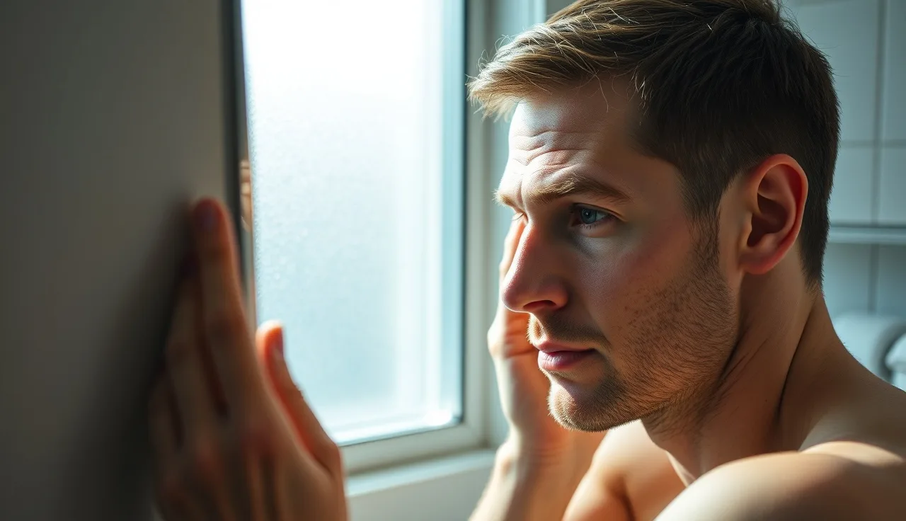 Young man inspecting early temple recession in bathroom mirror, Norwood 2 hairline