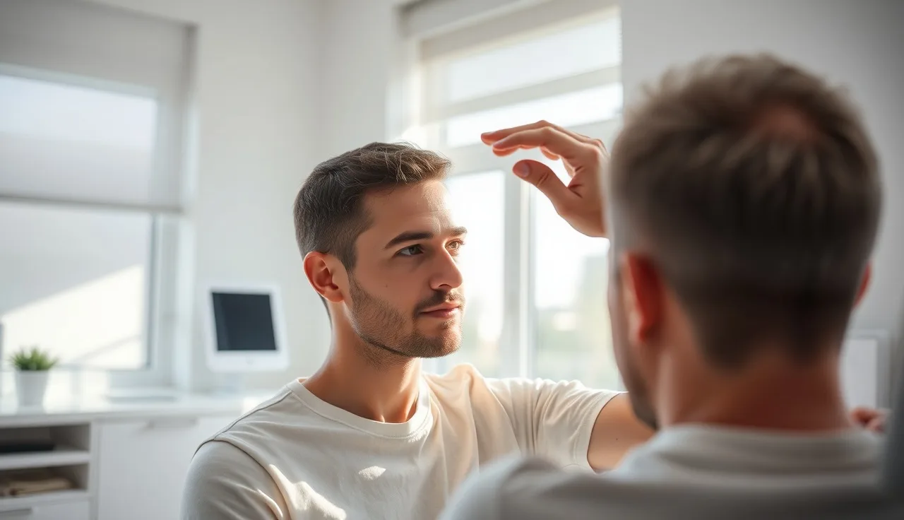 Man examining his receding hairline during a hair transplant consultation