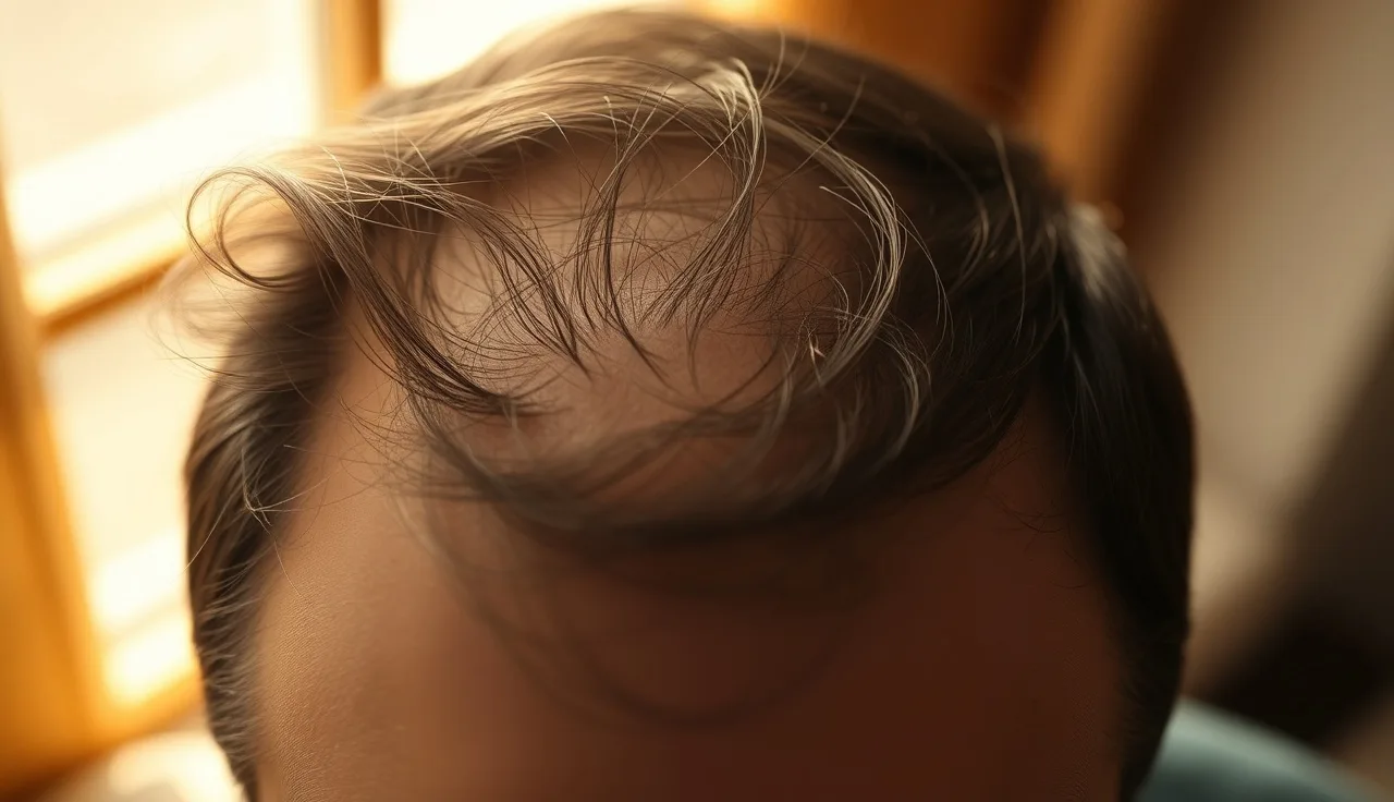 Overhead view of a man's scalp showing early crown thinning at Norwood 3 vertex stage