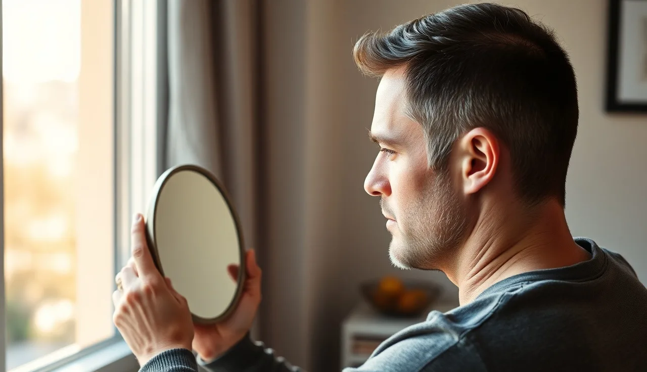 Man in his 30s examining receding hairline and crown thinning in mirror
