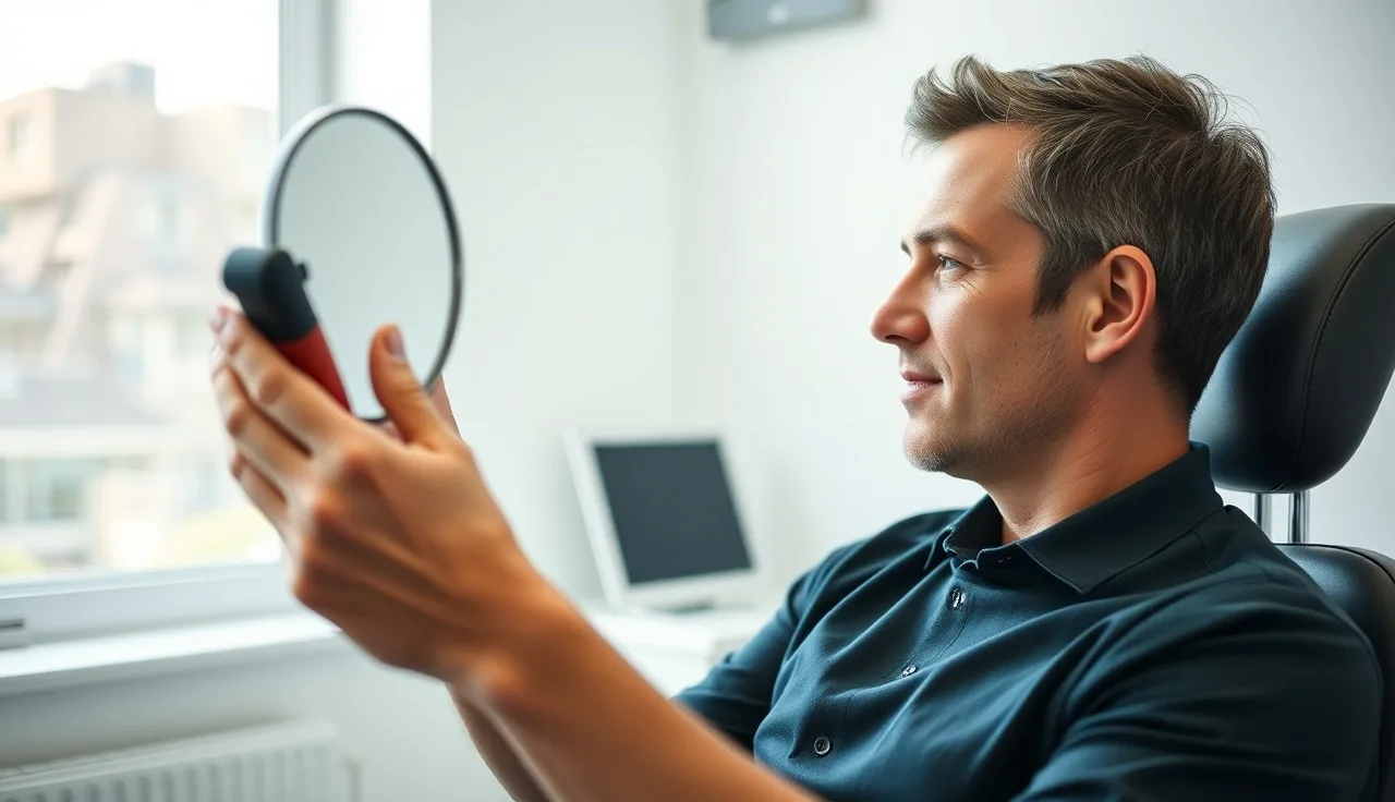 Man examining thinning crown and hairline in mirror during hair loss consultation
