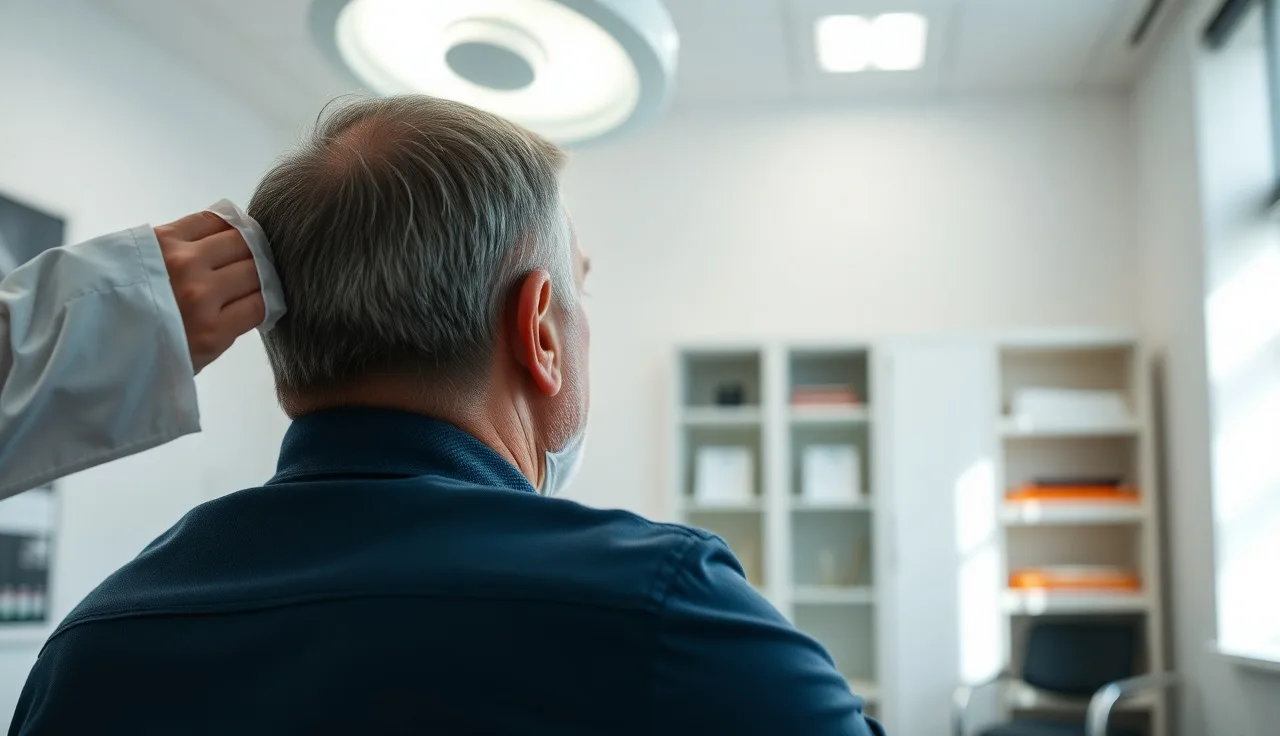 Doctor examining balding scalp of a middle-aged man in a clinical room