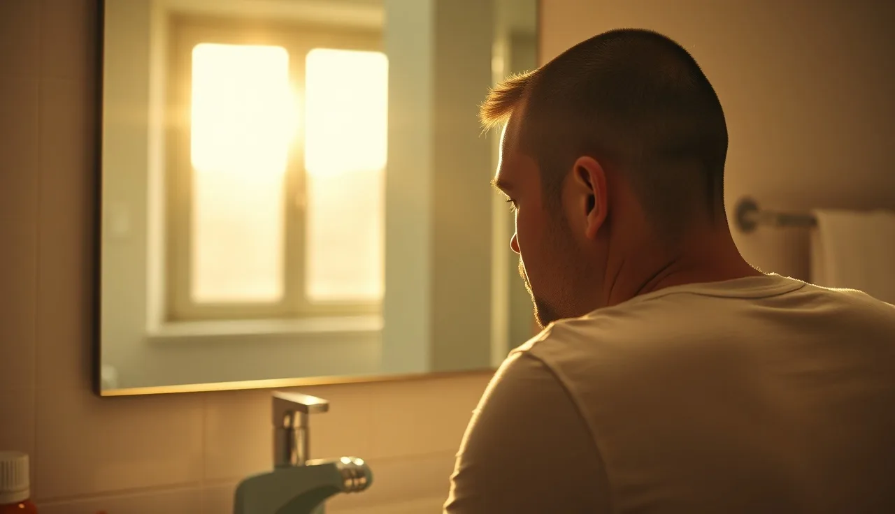 Man with Norwood 6 hair loss examining his scalp in a bathroom mirror