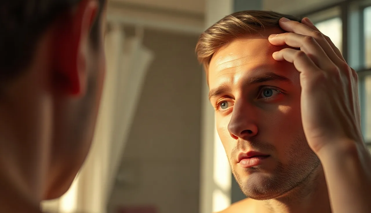 Man examining his receding hairline in a bathroom mirror, Norwood scale assessment