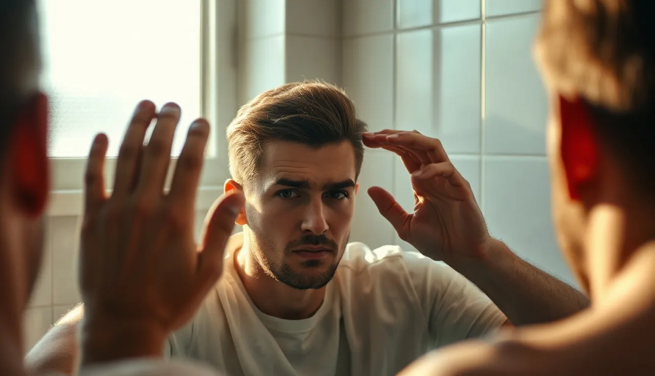 Man examining his receding hairline and crown in a bathroom mirror