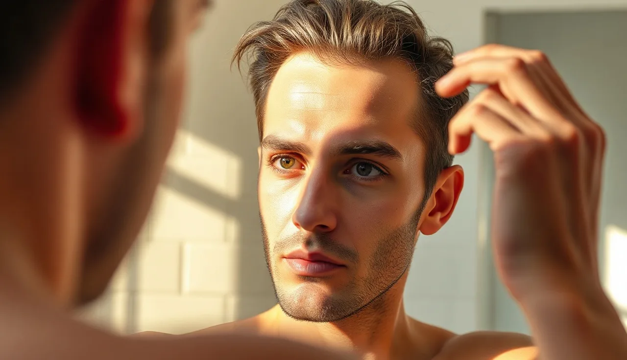 Man examining receding hairline in bathroom mirror, assessing norwood scale stage