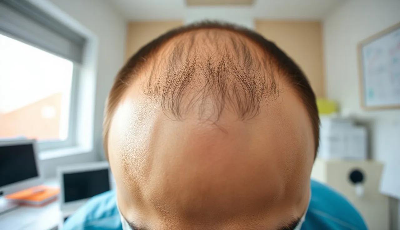 Overhead close-up of a man's scalp showing natural hairline and crown, clinical setting