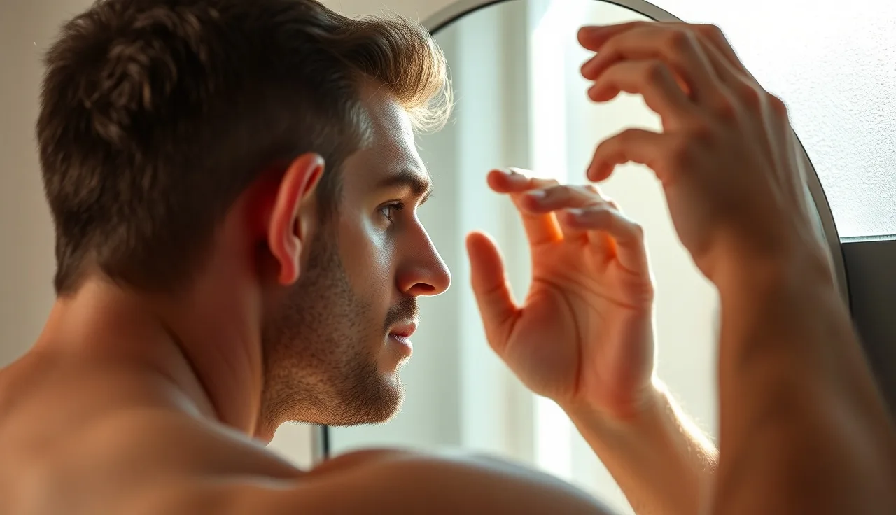 Man examining his hairline in a mirror under soft morning light