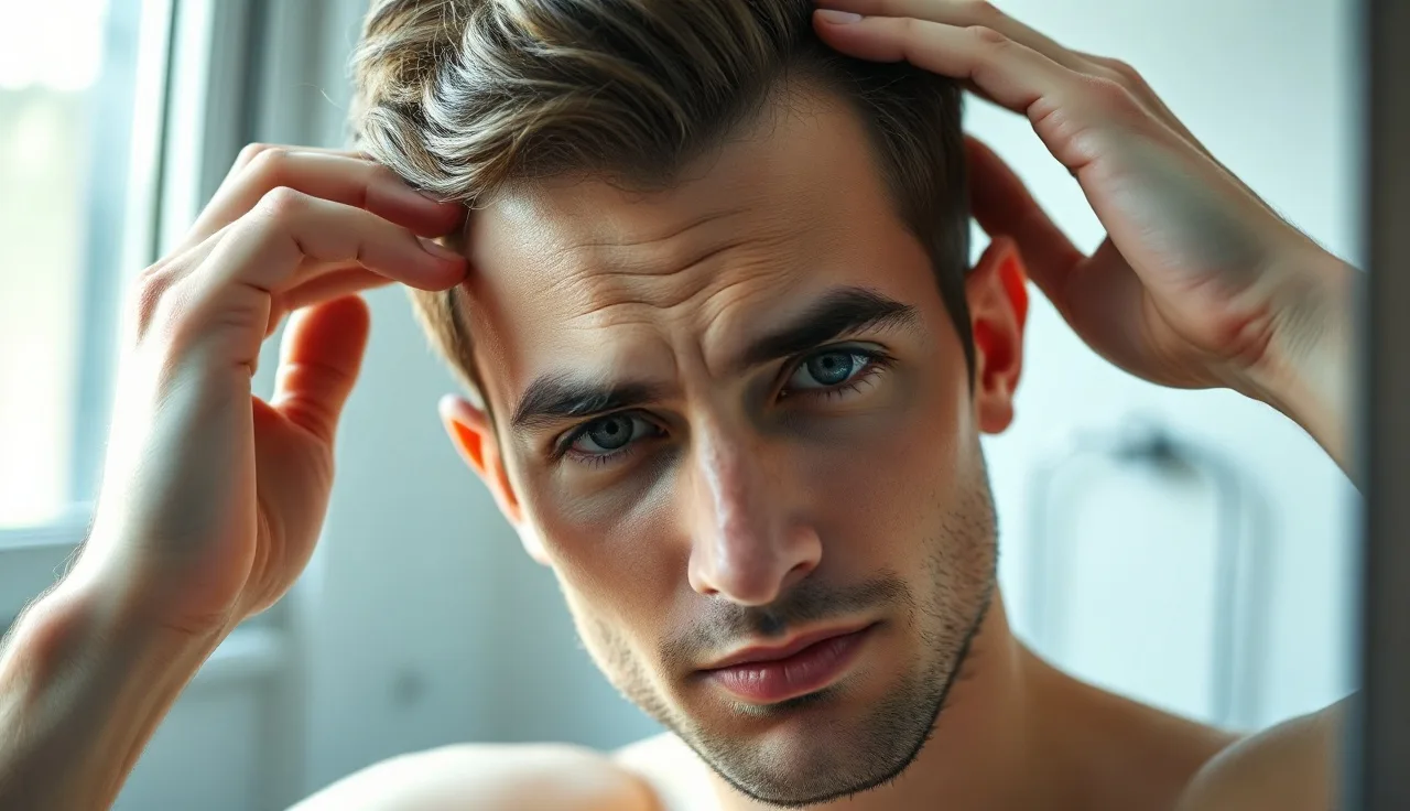 Young man examining a slightly receding hairline in a bathroom mirror