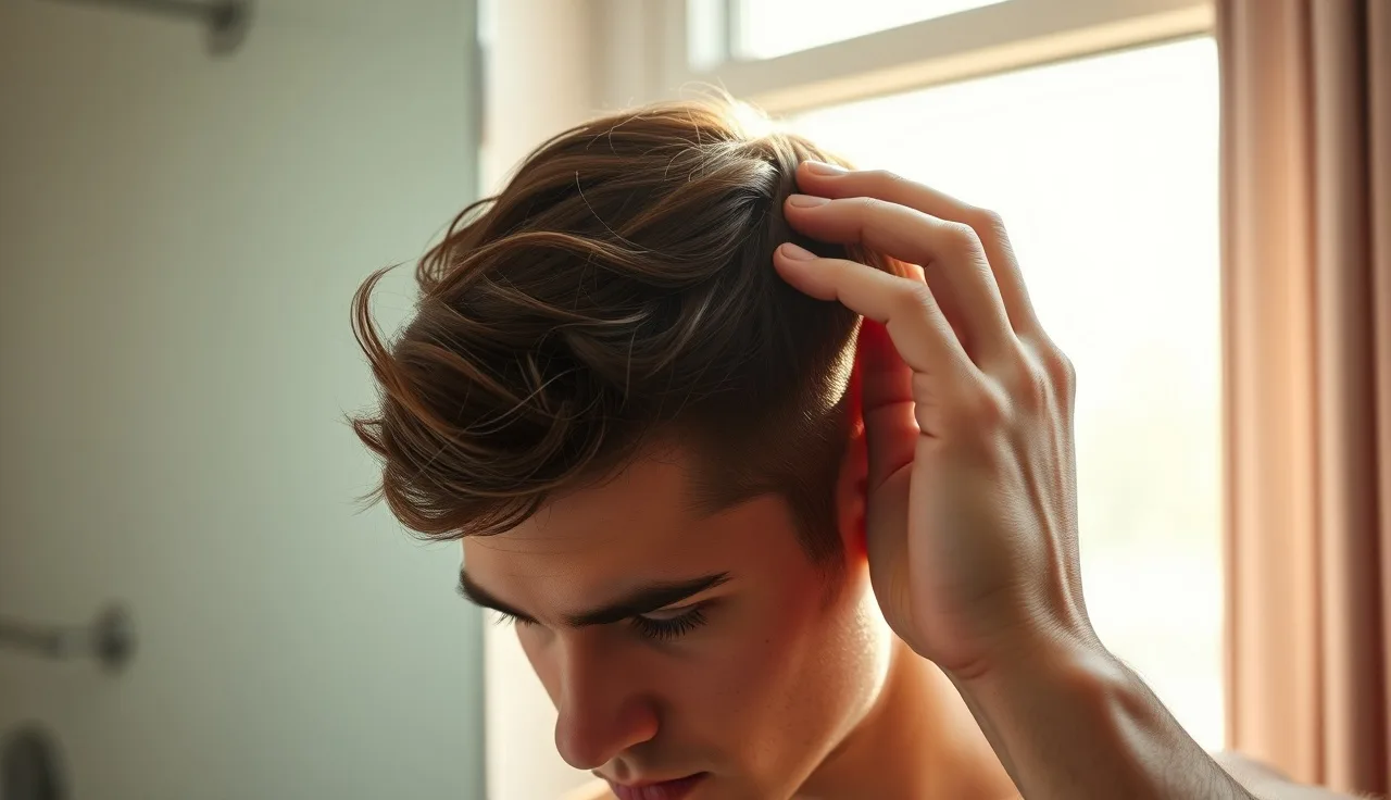 Young man examining his receding hairline in a bathroom mirror in natural light