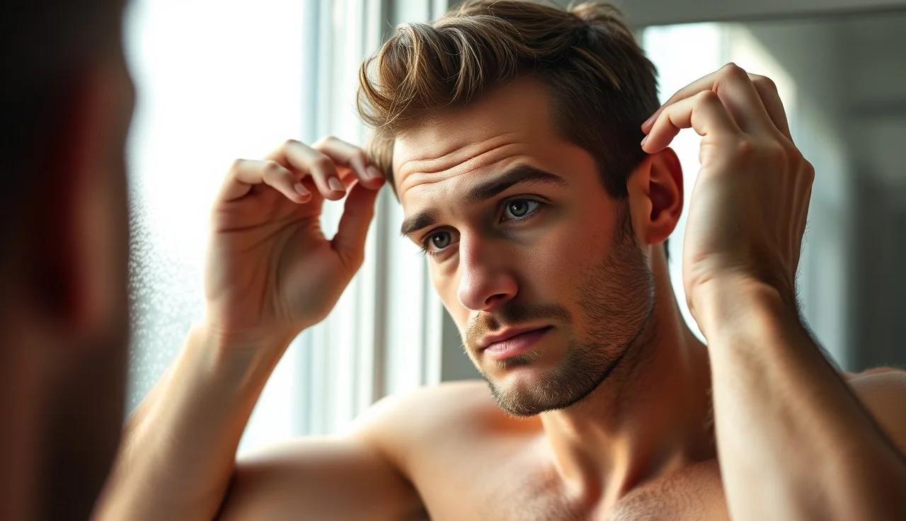Man in his thirties examining his receding hairline in a bathroom mirror