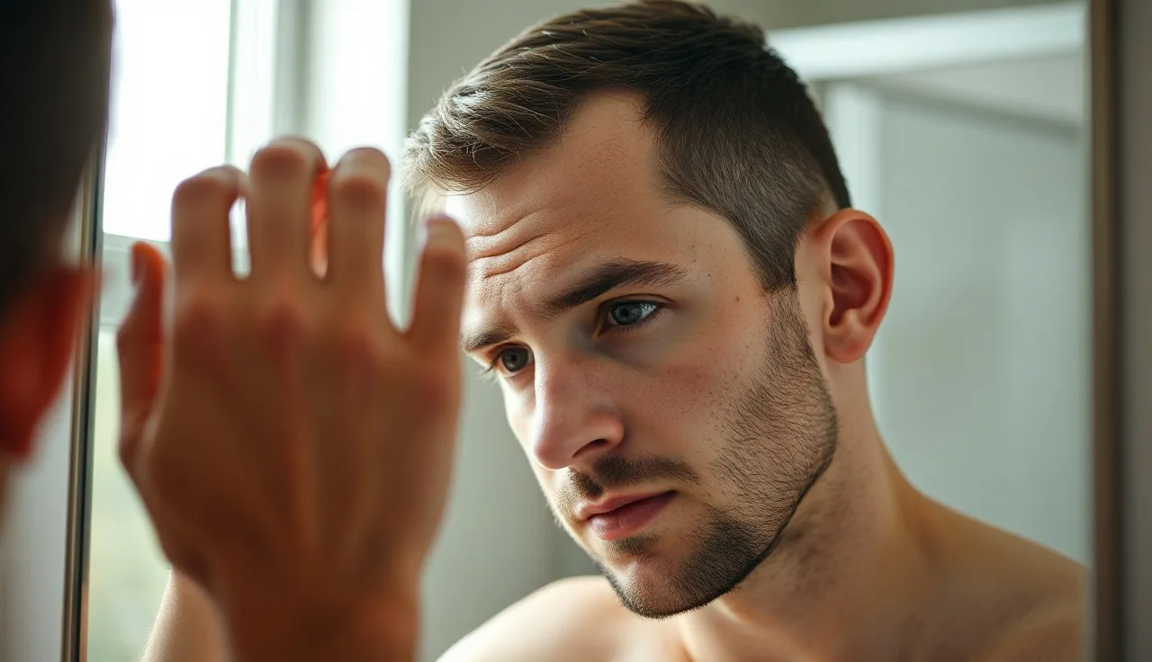 Man examining receding hairline in bathroom mirror showing Norwood 3 pattern