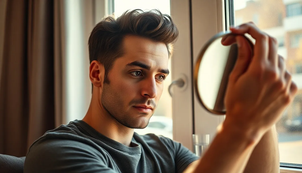 Man examining his receding hairline in a mirror near a sunlit window