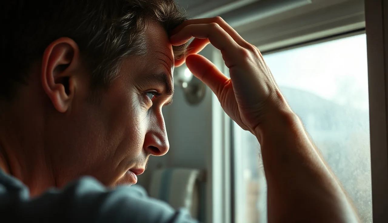 Man examining thinning crown hair in bathroom mirror at Norwood 5 stage