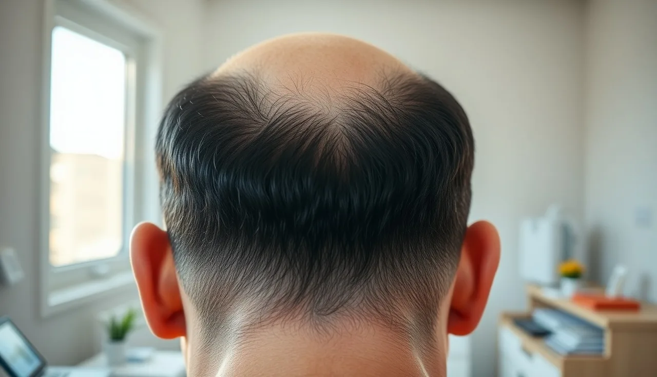 Man's scalp showing Norwood 7 horseshoe hair pattern in clinic lighting