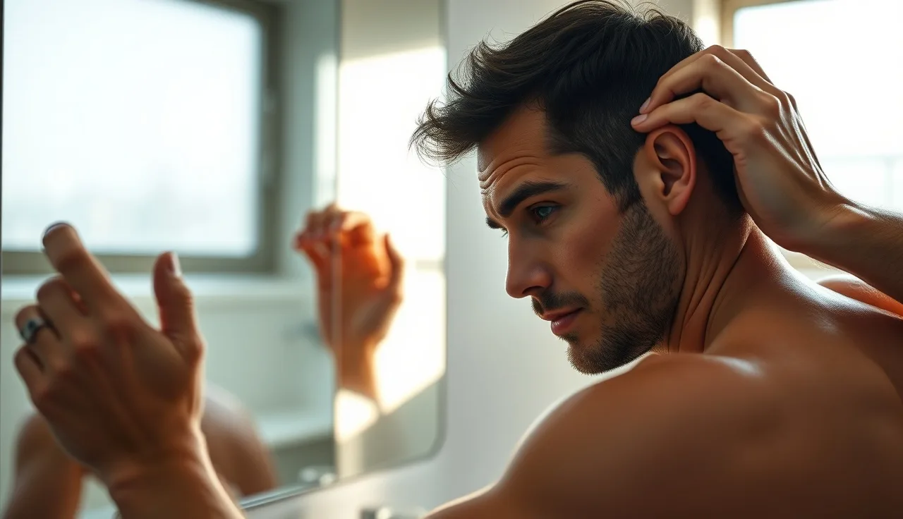 Man in his thirties checking his hairline in a bathroom mirror at dawn