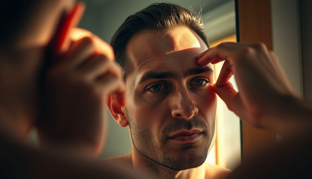 Man examining his receding hairline in a bathroom mirror in morning light