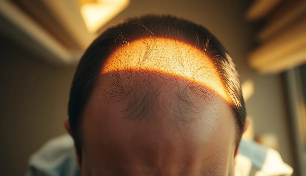 Overhead view of a man's crown showing early Norwood vertex hair thinning