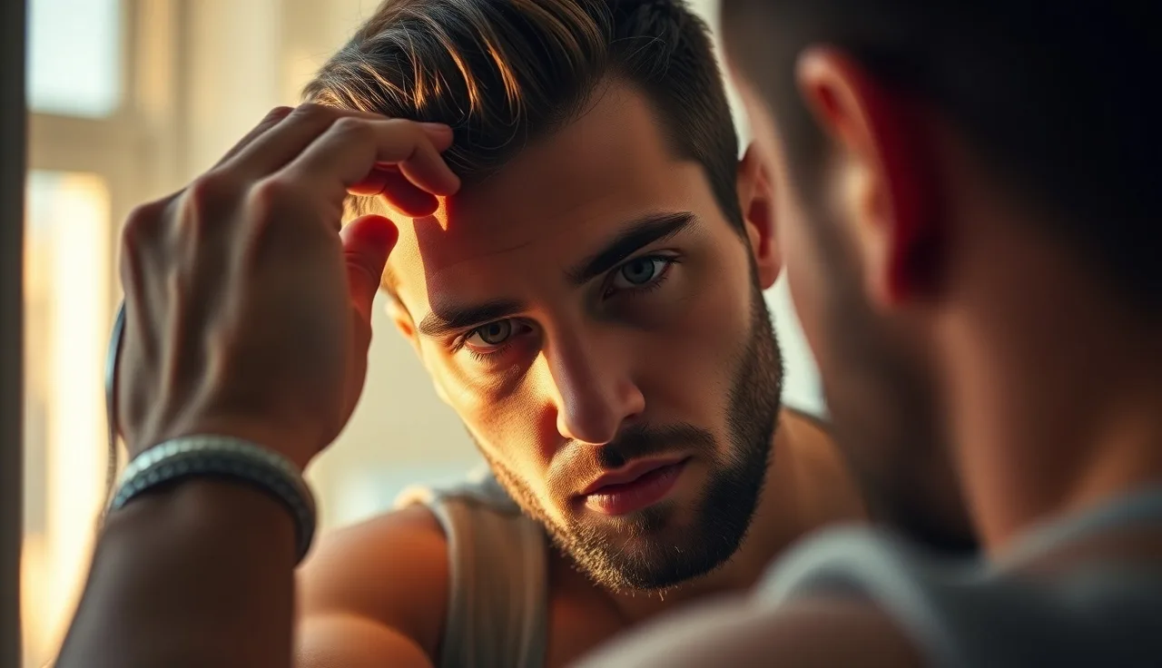 Man examining his receding hairline in a bathroom mirror, Norwood scale assessment