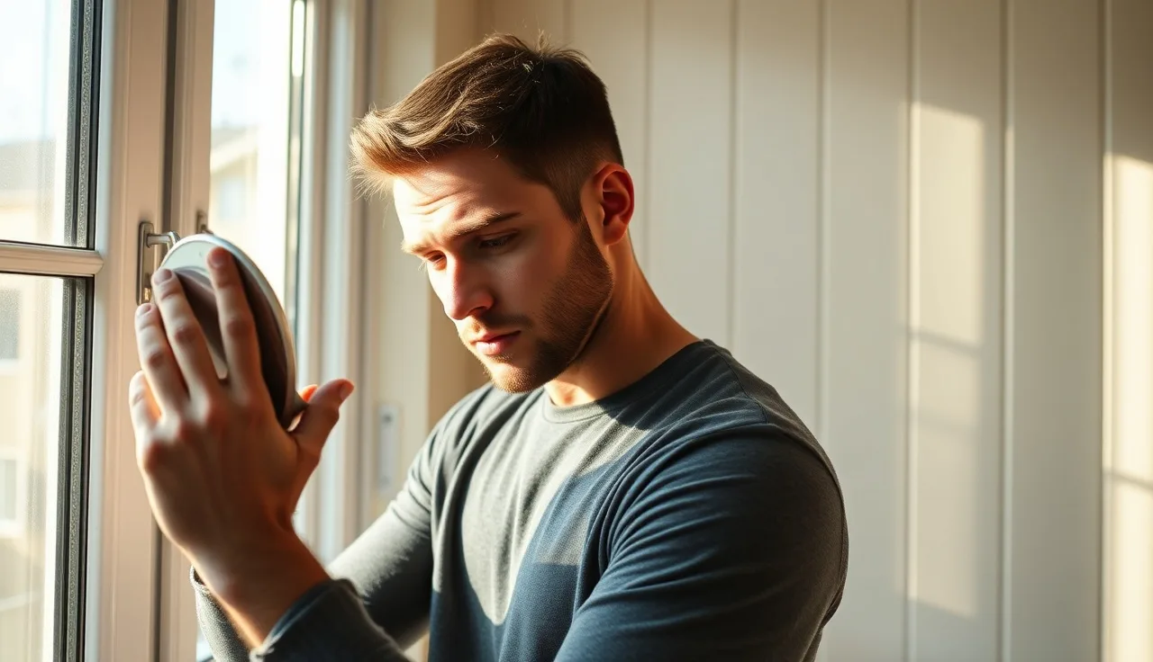 Man examining his hairline in a mirror under natural window light