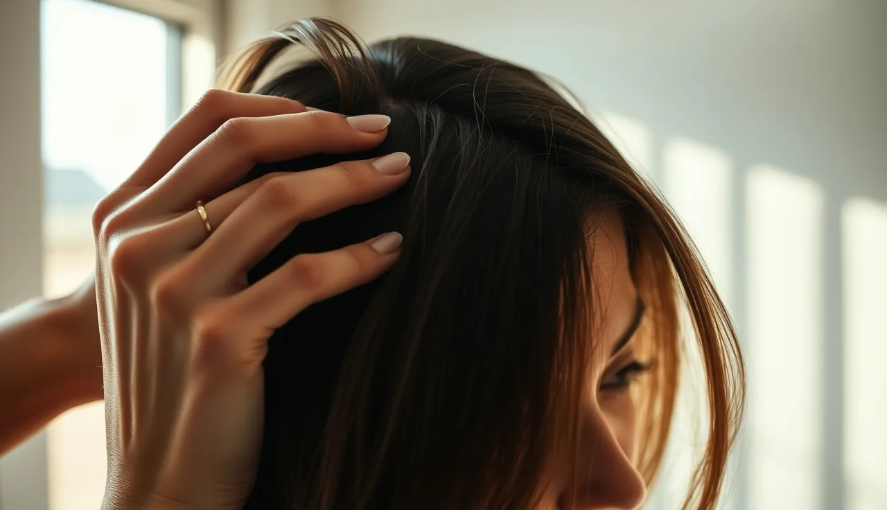 Woman parting her hair at the crown to examine thinning under natural light