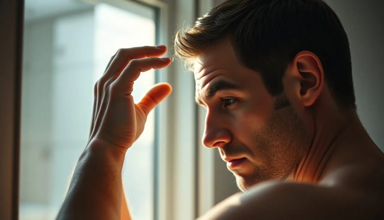 Man in his 30s examining his hairline in a bathroom mirror in morning light