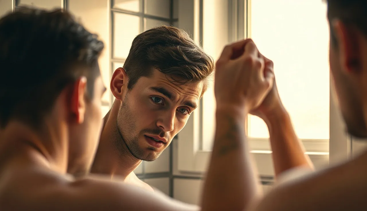 Young man inspecting his hairline in a bathroom mirror under morning light