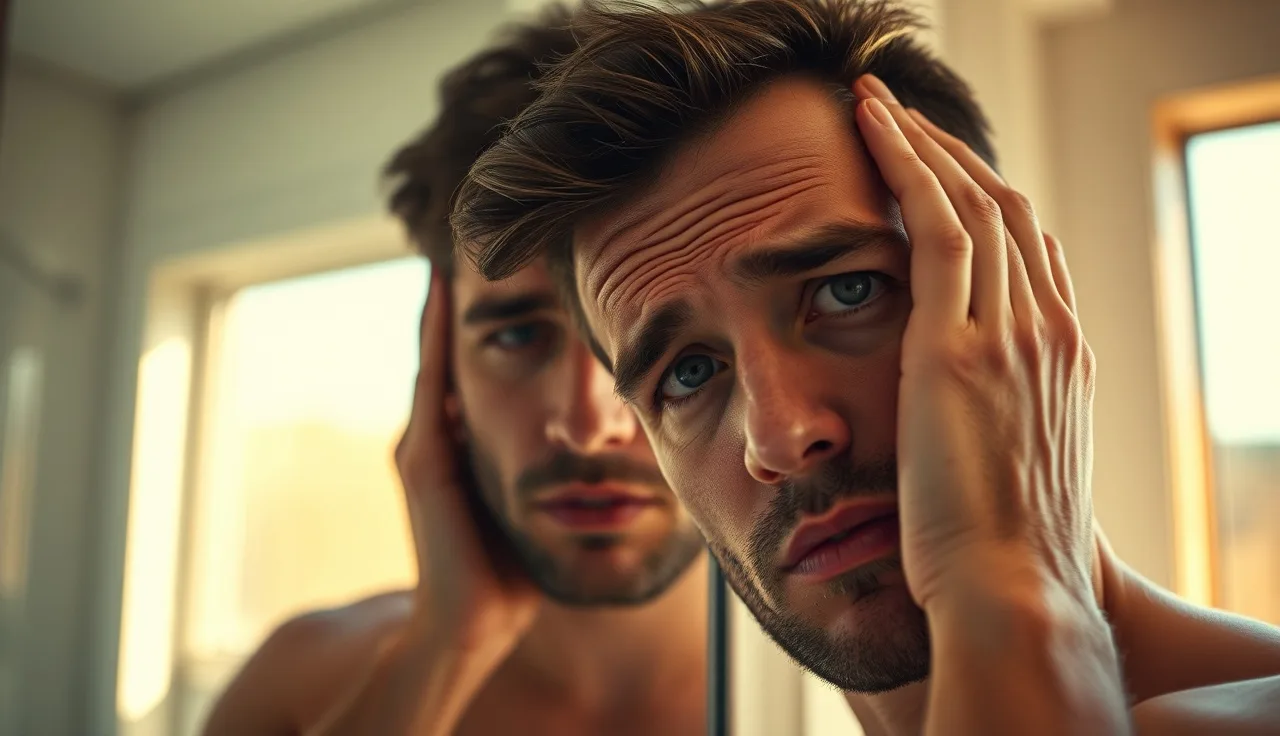 Man examining his receding hairline in a bathroom mirror under warm morning light