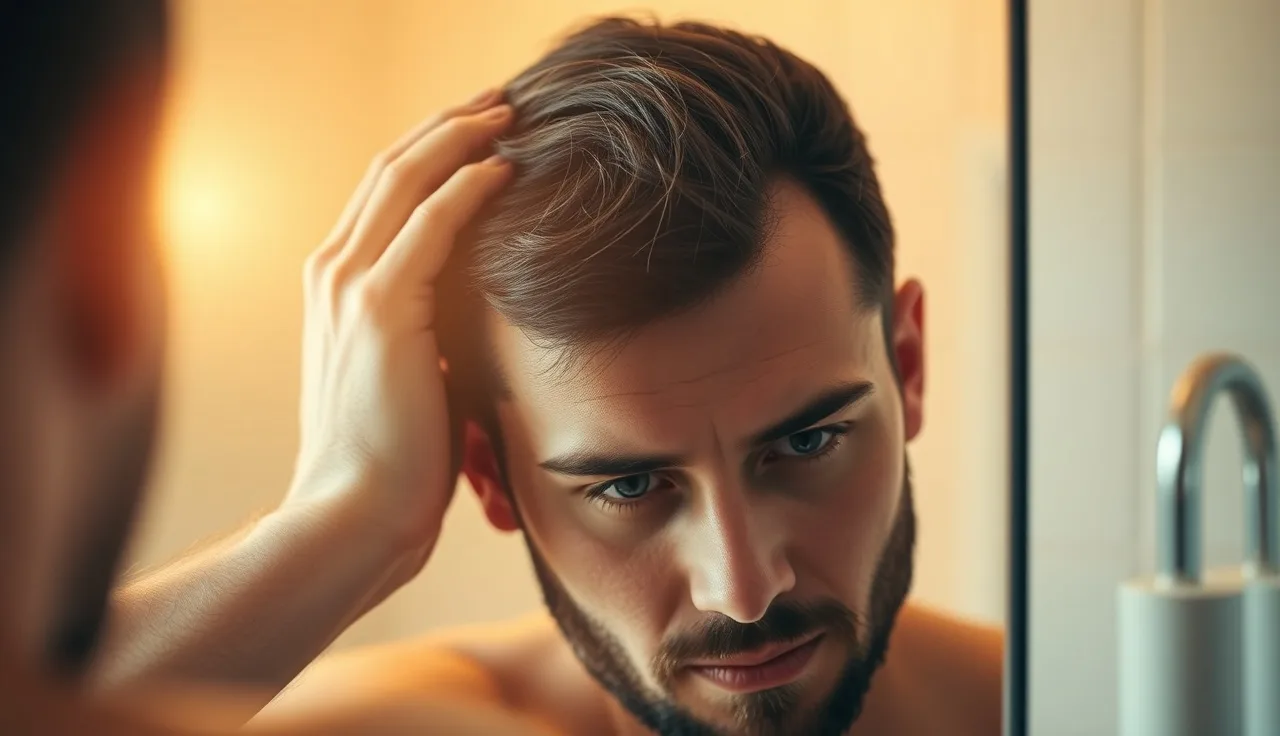 Man in his thirties checking his hairline and Norwood stage in a bathroom mirror