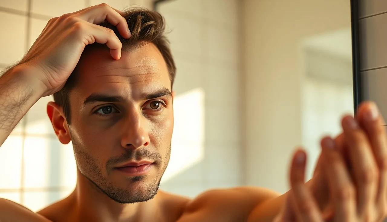 Man in his 30s checking receding hairline in bathroom mirror under warm light