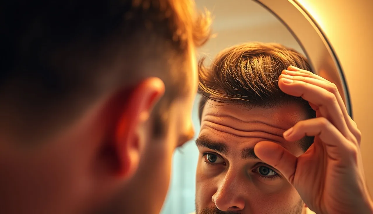 Man examining his receding hairline in a bathroom mirror under warm light