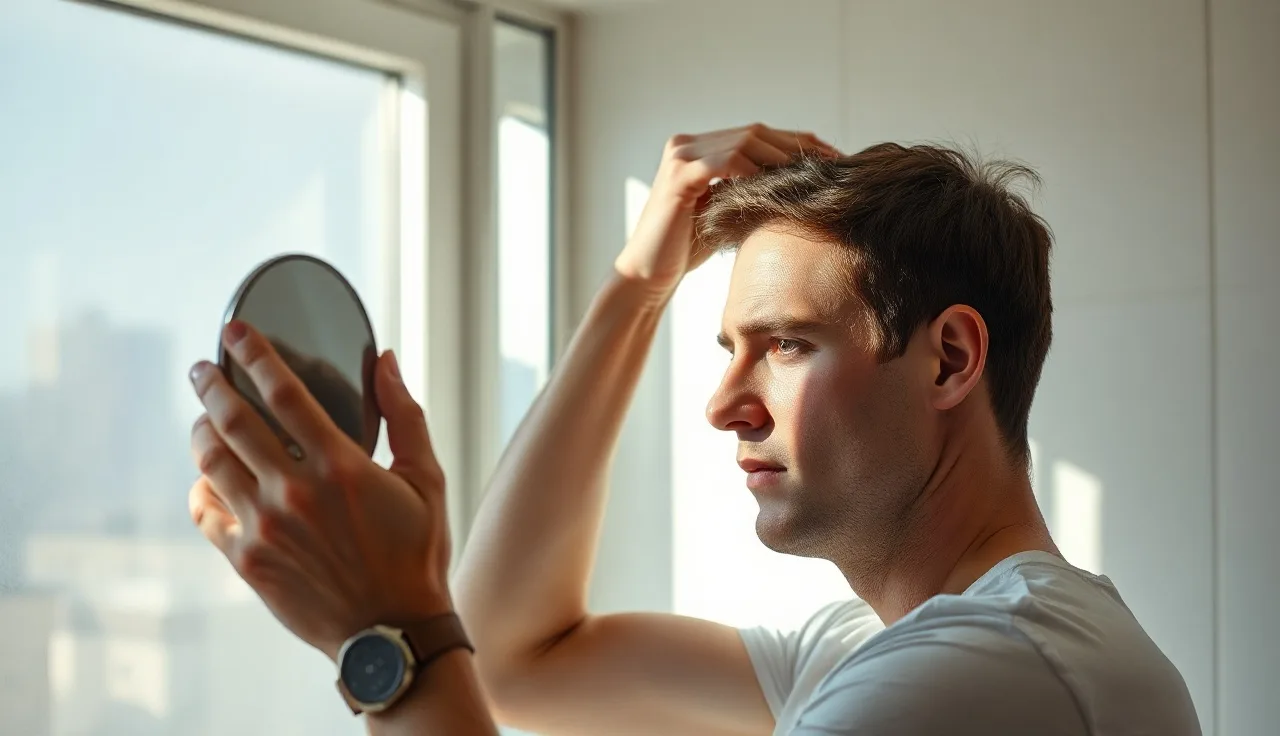 Man examining his hairline in a bathroom mirror to check for hair loss