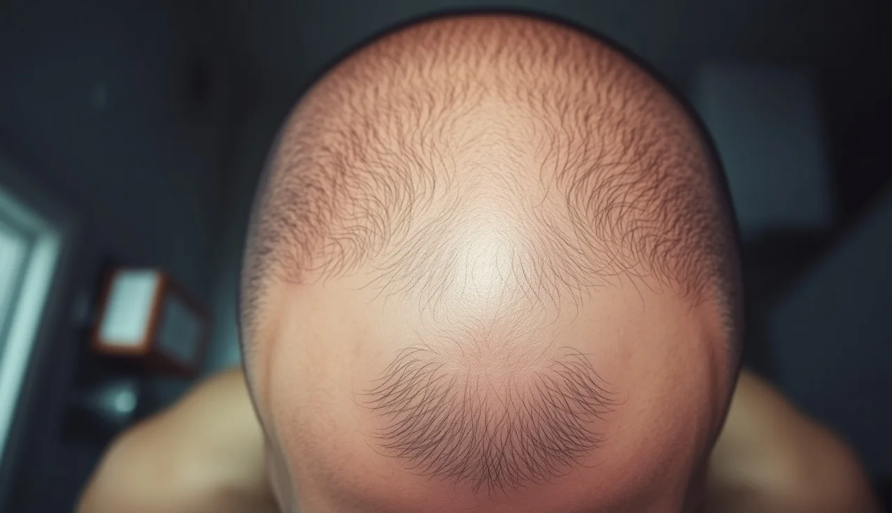 Overhead view of a man's scalp showing Norwood stage 4 hair loss pattern